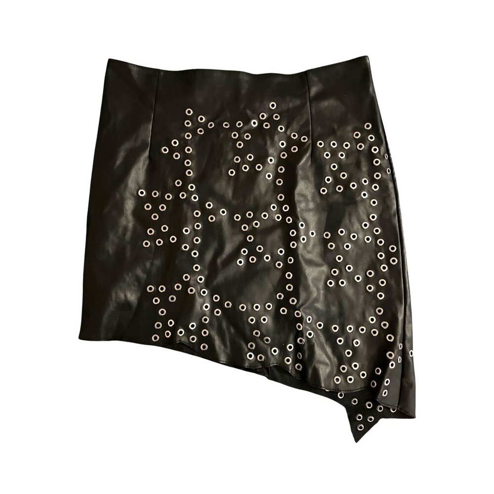 Chelsea & Violet Asymmetrical Black Faux Leather Studded Mini Skirt Size M With